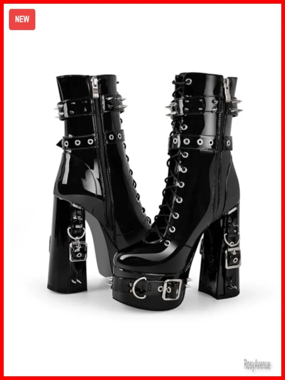 Women's Platform Punk Ankle Boots Studded Rivets Buckle Zipper Lace Up